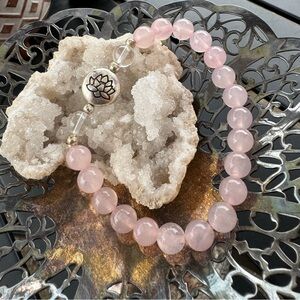Handmade Rose Quartz & Clear Quartz with Lotus Flower Bracelet